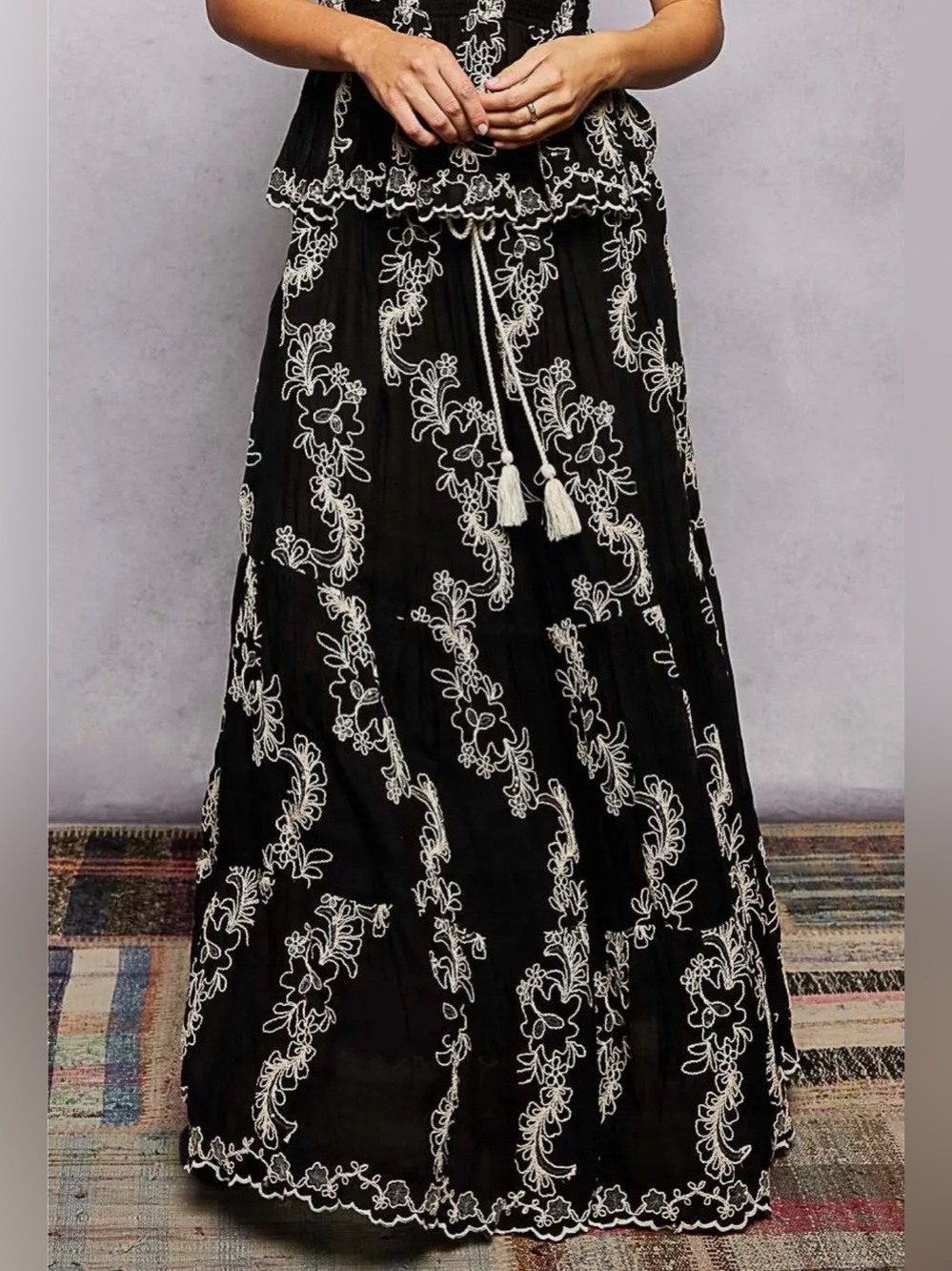POL Black Embroidered Viscose Maxi Skirt with Tassel Tie